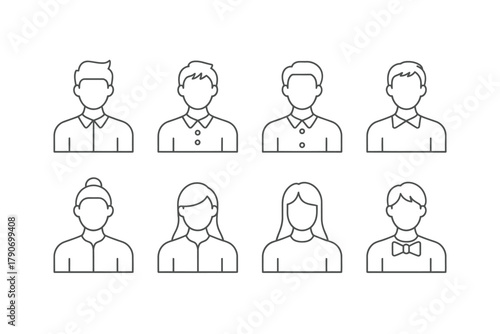 A collection of eight simple line art avatars representing diverse individuals.