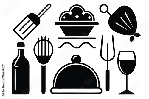 Food icons set, plate, fork, knife and spoon, set logotype menu, cutlery icon, tableware sign, catering icons, restaurant signs