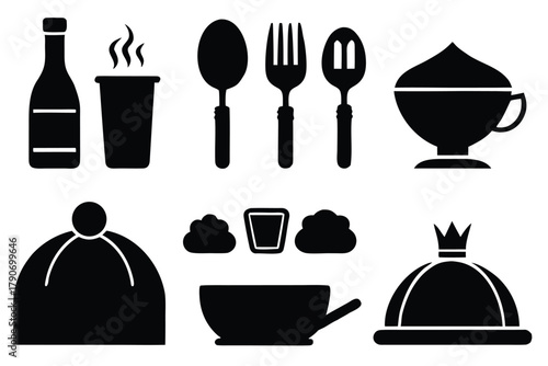 Food icons set, plate, fork, knife and spoon, set logotype menu, cutlery icon, tableware sign, catering icons, restaurant signs