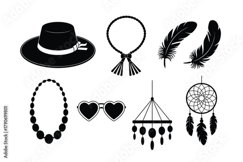 A collection of accessories and decorative items are displayed in silhouette.