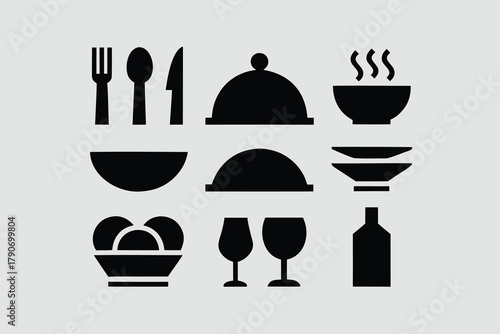 Food icons set, plate, fork, knife and spoon, set logotype menu, cutlery icon, tableware sign, catering icons, restaurant signs
