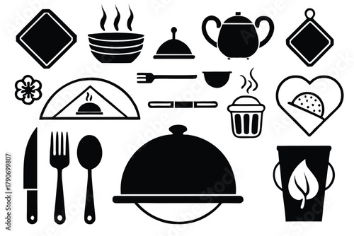 Food icons set, plate, fork, knife and spoon, set logotype menu, cutlery icon, tableware sign, catering icons, restaurant signs