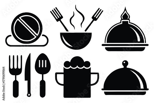 Food icons set, plate, fork, knife and spoon, set logotype menu, cutlery icon, tableware sign, catering icons, restaurant signs
