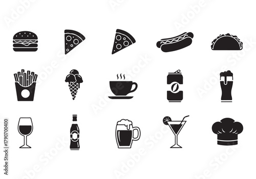 Food and drinks set icons for menu, infographics, design elements – stock vector
