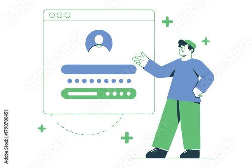 A person stands near a computer screen displaying a login form and user profile.