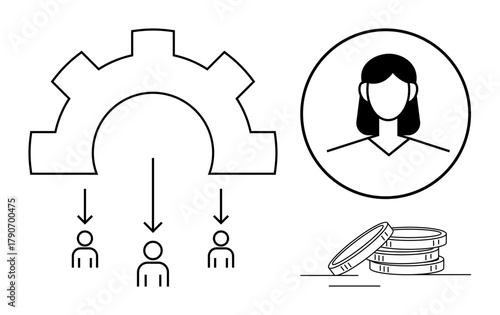 Central cogwheel distributing roles to team members, leader profile, and stack of coins emphasizing management, team collaboration, business strategy, leadership, resource allocation, organizational