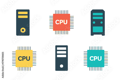 Computer towers and CPU icons are arranged in a grid on a white background.