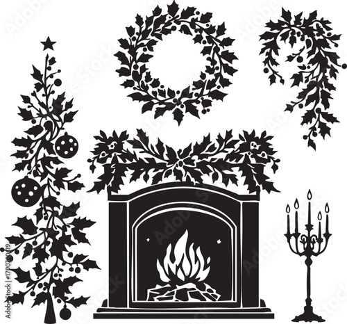 Christmas silhouette set with tree, wreath, garland, fireplace, and candelabra in festive black and white style