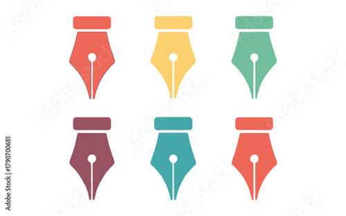 Six colorful fountain pen nibs arranged in two rows on a white background.