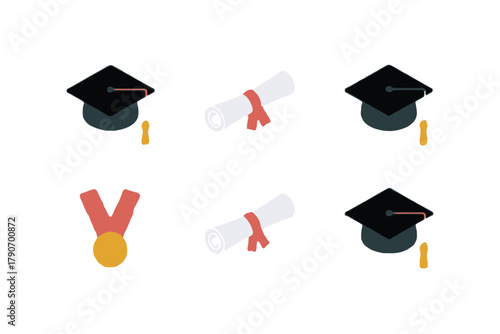 Graduation caps, diplomas, and a medal are depicted against a white background.