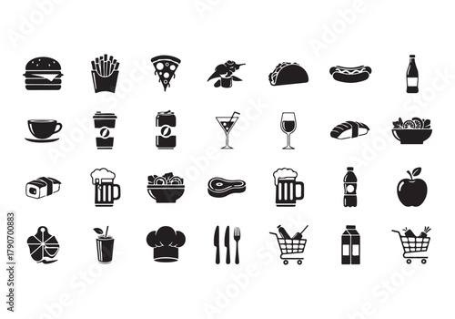 Food and drinks set icons for menu, infographics, design elements – stock vector