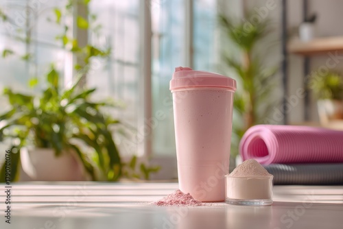 Refreshing Protein Shake with Powder on Table Surrounded by Green Plants