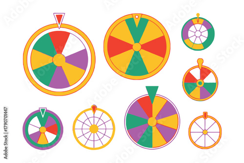A collection of colorful wheels of fortune in various sizes and designs.
