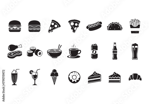 Food and drinks set icons for menu, infographics, design elements – stock vector