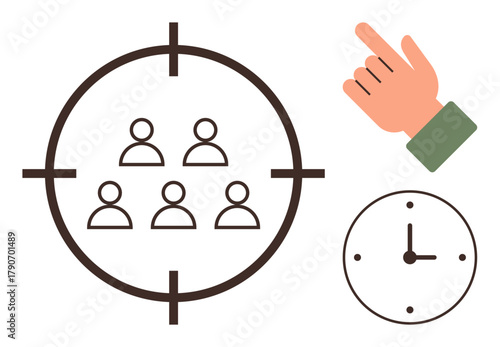 Group of people in a crosshair, pointing hand, clock icon. Ideal for focus, accuracy, productivity, teamwork, decision-making time management goal setting. Simple flat metaphor