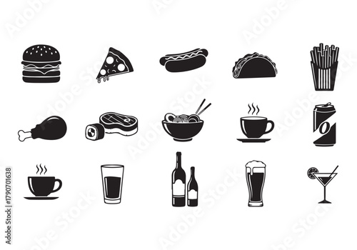 Food and drinks set icons for menu, infographics, design elements – stock vector