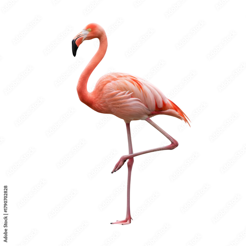 Fototapeta premium Flamingo Standing on One Leg with Pink Plumage and Black Beak Isolated on Black Background