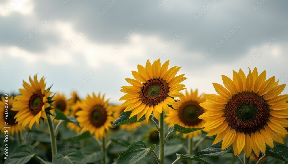 Fototapeta premium Isolated sunflower blooms against dramatic sky nature photography field outdoor close-up beauty