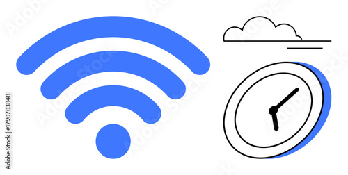 wireless signal icon with a wall clock and cloud outline. Ideal for technology, connectivity, time management, digital lifestyle, remote work, efficiency, innovation. Clean and simple flat metaphor