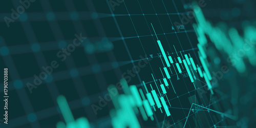 financial chart with uptrend line candlestick graph in stock market on blue color monitor background