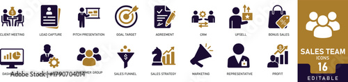 Flat fill icons representing sales team, teamwork, strategy, planning, growth, and business success. Editable vector set for marketing, management, and corporate presentations.