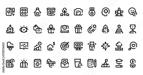 40 set of outline web goals for the year icons such as scale, camera, church, gift, piano, mood board, newspaper vector thin icons for report, presentation, diagram, web design, mobile app