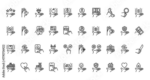 40 set of outline web hand icons such as favorite, choose, discount, save the world, delivery box, premium, food vector thin icons for report, presentation, diagram, web design, mobile app