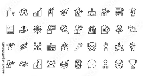 40 set of outline web leadership icons such as empathy, decision making, cv, positive thinking, key, torch, elite vector thin icons for report, presentation, diagram, web design, mobile app