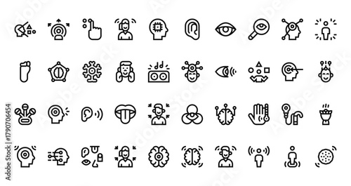 40 set of outline web sensorial icons such as sensory, ear, feet, sensory, rattle, view, sensory vector thin icons for report, presentation, diagram, web design, mobile app