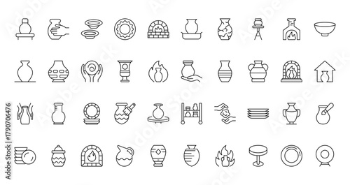 40 set of outline web pottery and ceramic icons such as pottery, pottery, vase, shelf, dish vector thin icons for report, presentation, diagram, web design, mobile app