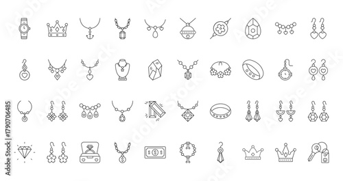 40 set of outline web jewellery icons such as crown, globe, earrings, locket, pendant, necklace, diamond vector thin icons for report, presentation, diagram, web design, mobile app