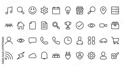 40 set of outline web ui icons such as search, light bulb, community, trophy, user, clock,   vector thin icons for report, presentation, diagram, web design, mobile app