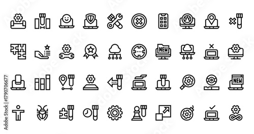 40 set of outline web software testing icons such as requirement, error, integration, bug, compatibility, smoke, accessibility vector thin icons for report, presentation, diagram, web design, mobile