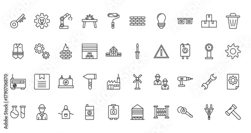 40 set of outline web industry icons such as ting, brick wall, vest, screwdriver, radio, wind turbine, chemicals vector thin icons for report, presentation, diagram, web design, mobile app