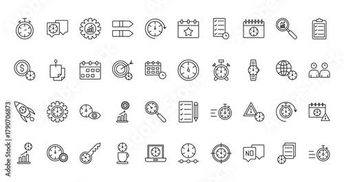 40 set of outline web time management icons such as coordination, event, time is money, clock, rocket launch, task list, growth vector thin icons for report, presentation, diagram, web design,