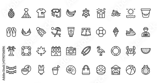 40 set of outline web tropical icons such as volcano, turtle, flip flop, shorts, palm tree, surfing board, garland vector thin icons for report, presentation, diagram, web design, mobile app