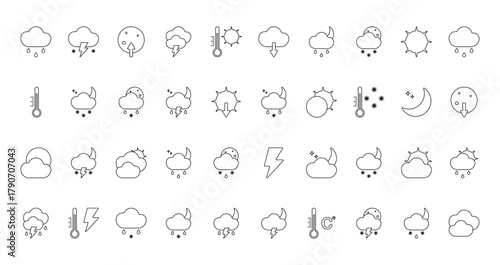 40 set of outline web weather icons such as rain, cloud, thermometer, rainy night, clouds and sun, storm, rain vector thin icons for report, presentation, diagram, web design, mobile app