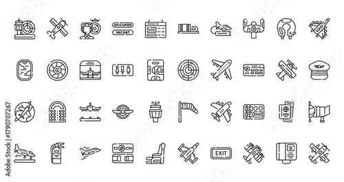 40 set of outline web airplane icons such as airplane, black box, window, radar, flight, wind flag, landing vector thin icons for report, presentation, diagram, web design, mobile app