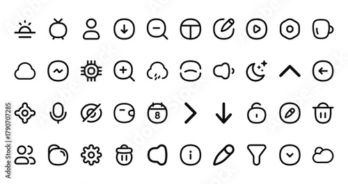 40 set of outline web ui essential icons such as tv, grid, cloud, scan,  , back, user vector thin icons for report, presentation, diagram, web design, mobile app