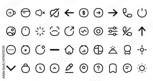40 set of outline web ui essential icons such as card, dollar, gallery, presentation, more, note, down arrow vector thin icons for report, presentation, diagram, web design, mobile app