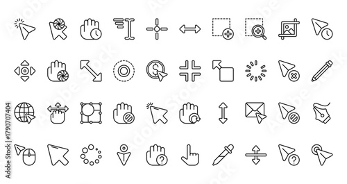 40 set of outline web selection and cursors icons such as loading, enlarge, scroll, minimize, internet, loading, click vector thin icons for report, presentation, diagram, web design, mobile app