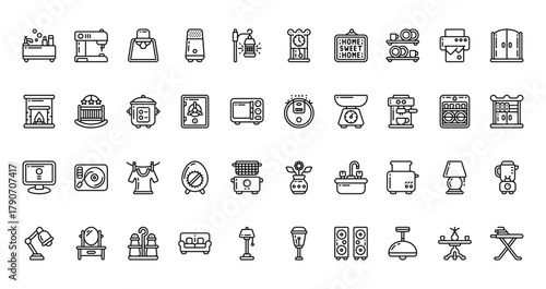 40 set of outline web home icons such as sewing hine, clock, fireplace, vacuum cleaner, monitor, flowers, lamp vector thin icons for report, presentation, diagram, web design, mobile app