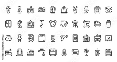 40 set of outline web home icons such as plant, dog house, wardrobe, jug, sofa, hair dryer, bed vector thin icons for report, presentation, diagram, web design, mobile app