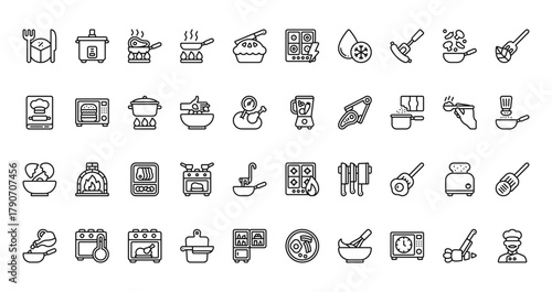 40 set of outline web cooking icons such as rice cooker, hob, book, blender, bowl, hob, pan vector thin icons for report, presentation, diagram, web design, mobile app