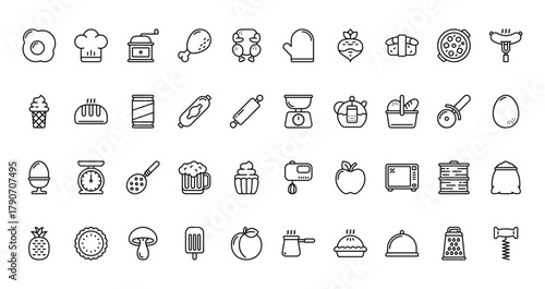 40 set of outline web gastronomy icons such as chef hat, glove, ice cream, scales, boiled egg, whisk, pine vector thin icons for report, presentation, diagram, web design, mobile app