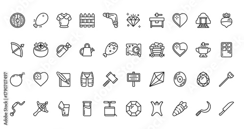 40 set of outline web crafting game collection. icons such as chicken, gem, bow, map, bomb,  , drill vector thin icons for report, presentation, diagram, web design, mobile app