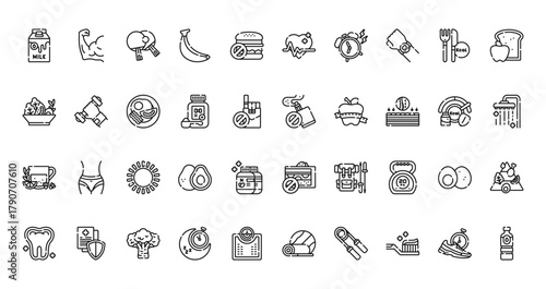 40 set of outline web healthy lifestyle icons such as muscle, heart rate, vegetable, vape, herbal tea, no sweets, tooth vector thin icons for report, presentation, diagram, web design, mobile app
