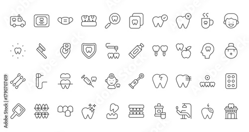 40 set of outline web dental icons such as certificate, x ray, teeth, toothpaste, pads, electric toothbrush, hand mirror vector thin icons for report, presentation, diagram, web design, mobile app