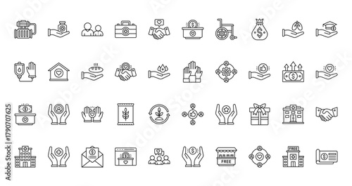 40 set of outline web donations icons such as drug, charity, blood transfusion, hands up, donations, thumbs up, clinic vector thin icons for report, presentation, diagram, web design, mobile app