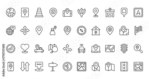 40 set of outline web location icons such as location, direction, globe, compass, left turn, smart car, mobile location vector thin icons for report, presentation, diagram, web design, mobile app